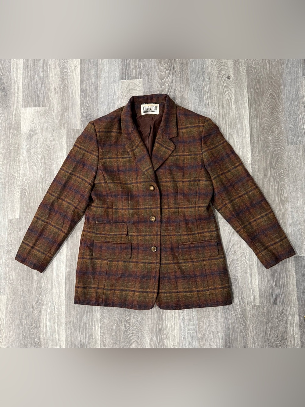 Vintage Dark Academia Womens Plaid Wool Button Front Lined Blazer Jacket Sz 16
